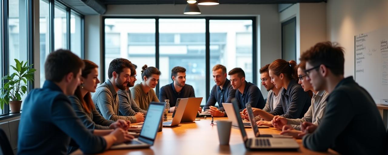 Diverse team of developers collaborating around a table in a modern office.
